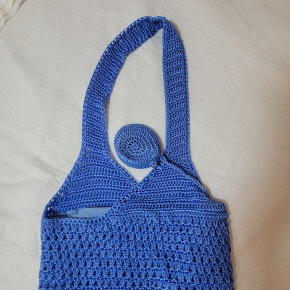 Crocheted‎ Market Bag Mesh Tote Knit Blue Coquette Cottage Casual Traditional - Picture 6 of 14